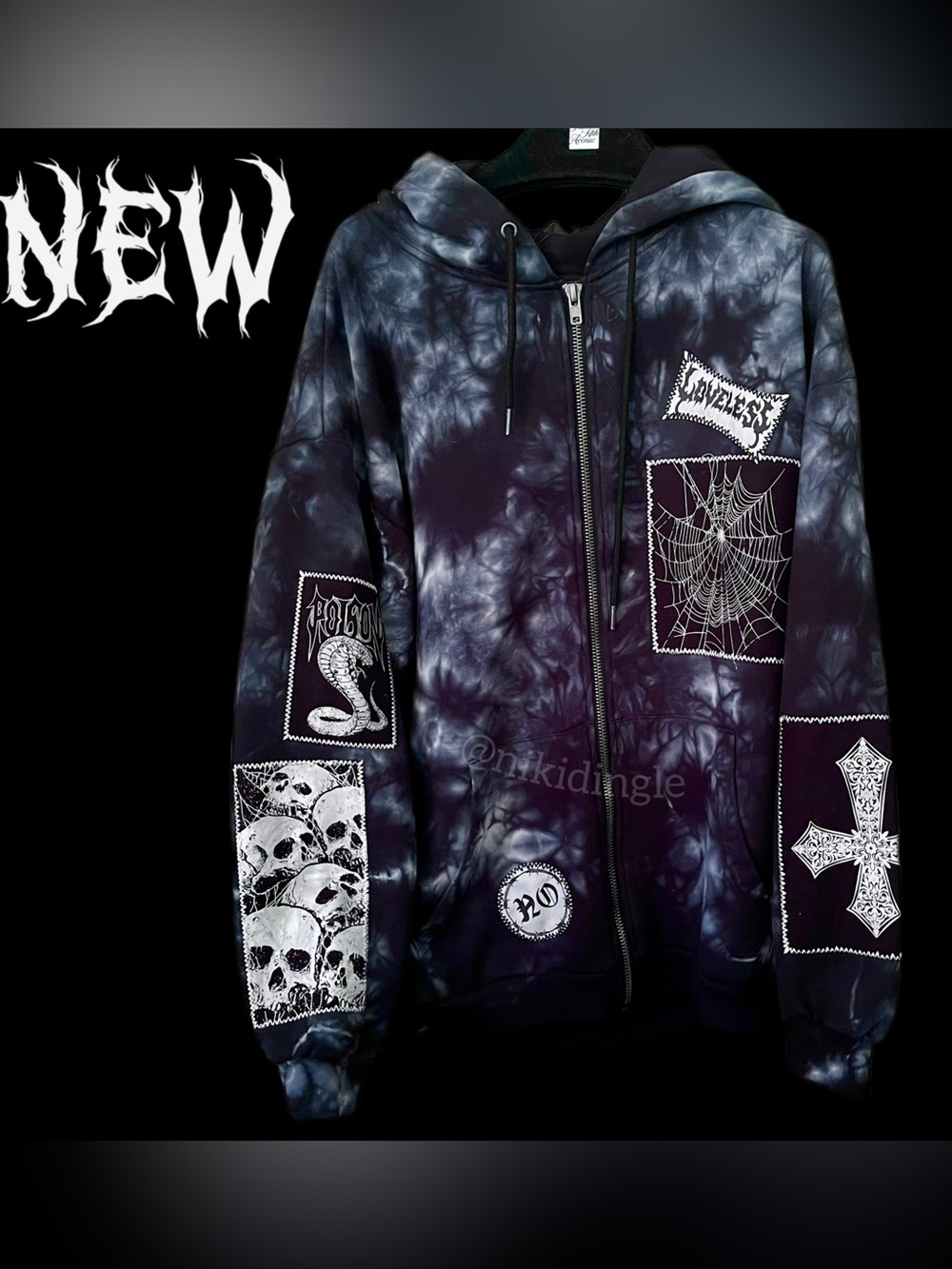 NEW Dolls Kill Current Mood Zip Tie Dye Hoodie Patch Goth Punk Emo Blue L / XL